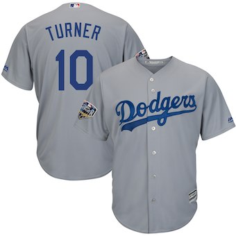 Men's Los Angeles Dodgers #10 Justin Turner Majestic Gray 2018 World Series Cool Base Player Jersey