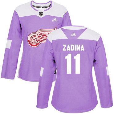 Women's Detroit Red Wings #11 Filip Zadina Authentic Adidas Purple Fights Cancer Practice Jersey