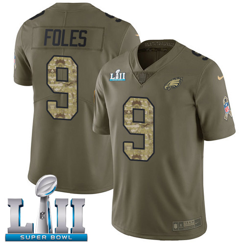 Men's Nike Eagles #9 Nick Foles Olive Camo Super Bowl LII Stitched NFL Limited 2017 Salute To Service Jersey