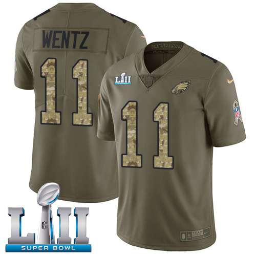 Men's Nike Eagles #11 Carson Wentz Olive Camo Super Bowl LII Stitched NFL Limited 2017 Salute To Service Jersey