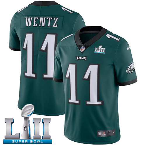 Men's Nike Eagles #11 Carson Wentz Midnight Green Team Color Super Bowl LII Stitched NFL Vapor Untouchable Limited Jersey