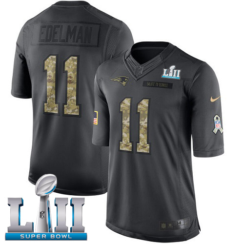Men's Nike Patriots #11 Julian Edelman Black Super Bowl LII Stitched NFL Limited 2016 Salute To Service Jersey