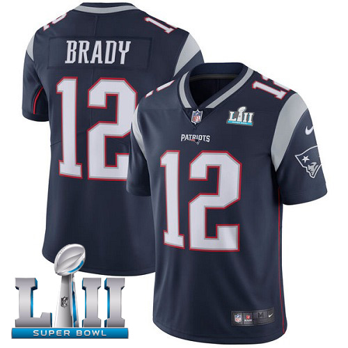Men's Nike Patriots #12 Tom Brady Navy Blue Team Color Super Bowl LII Stitched NFL Vapor Untouchable Limited Jersey