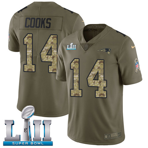 Men's Nike Patriots #14 Brandin Cooks Olive Camo Super Bowl LII Stitched NFL Limited 2017 Salute To Service Jersey