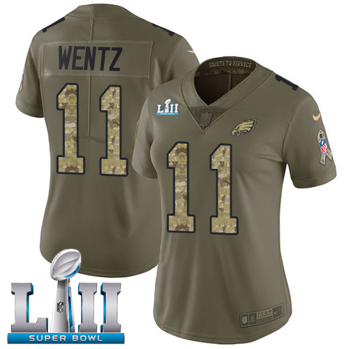 Women's Nike Philadelphia Eagles #11 Carson Wentz Olive Camo Super Bowl LII Stitched NFL Limited 2017 Salute to Service Jersey