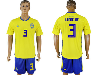 Sweden #3 LINDELOF Home 2018 FIFA World Cup Soccer Jersey