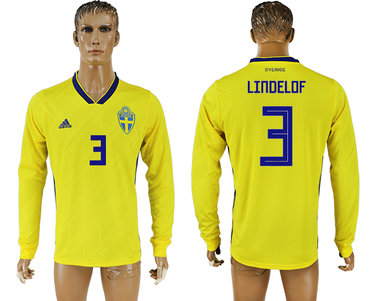 Sweden #3 LINDELOF Home 2018 FIFA World Cup Long Sleeve Thailand Soccer Jersey