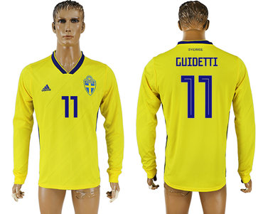 Sweden #11 GUIDETTI Home 2018 FIFA World Cup Long Sleeve Thailand Soccer Jersey