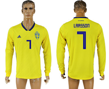 Sweden #7 LARSSON Home 2018 FIFA World Cup Long Sleeve Thailand Soccer Jersey