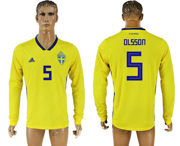 Sweden #5 OLSSON Home 2018 FIFA World Cup Long Sleeve Thailand Soccer Jersey
