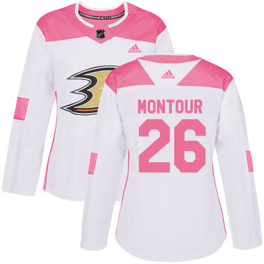 Adidas Anaheim Ducks #26 Brandon Montour White Pink Authentic Fashion Women's Stitched NHL Jersey