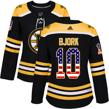 Adidas Boston Bruins #10 Anders Bjork Black Home Authentic USA Flag Women's Stitched NHL Jersey