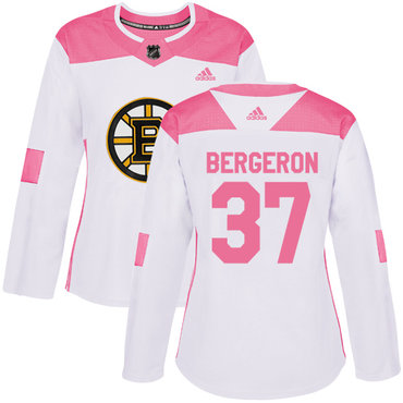 Adidas Boston Bruins #37 Patrice Bergeron White Pink Authentic Fashion Women's Stitched NHL Jersey