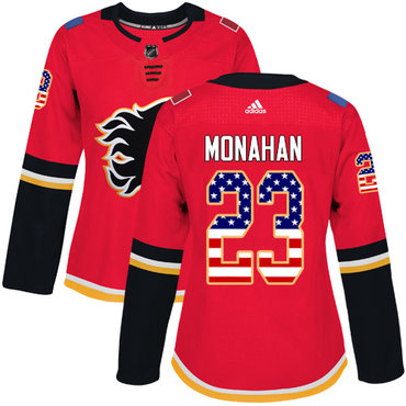 Adidas Calgary Flames #23 Sean Monahan Red Home Authentic USA Flag Women's Stitched NHL Jersey