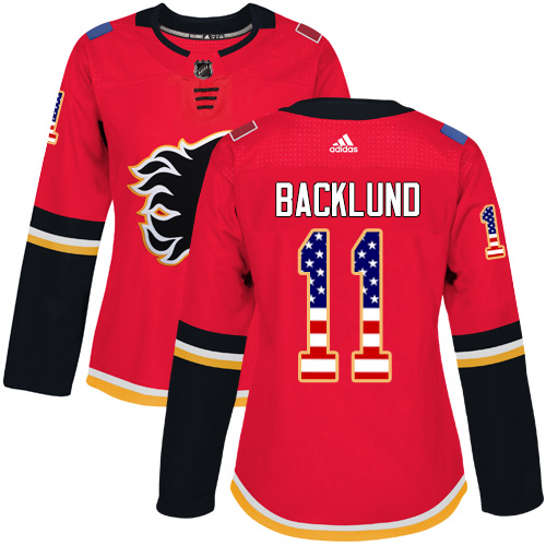 Adidas Calgary Flames #11 Mikael Backlund Red Home Authentic USA Flag Women's Stitched NHL Jersey