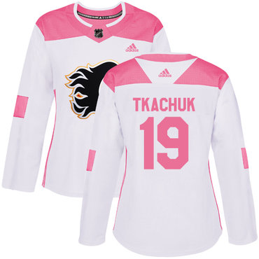 Adidas Calgary Flames #19 Matthew Tkachuk White Pink Authentic Fashion Women's Stitched NHL Jersey
