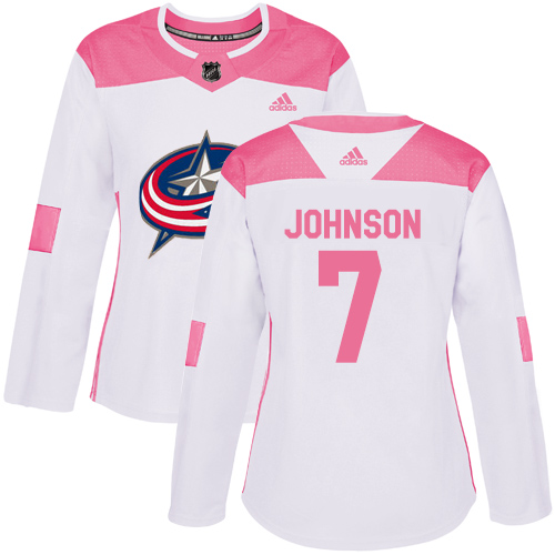 Adidas Columbus Blue Jackets #7 Jack Johnson White Pink Authentic Fashion Women's Stitched NHL Jersey