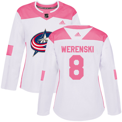 Adidas Columbus Blue Jackets #8 Zach Werenski White Pink Authentic Fashion Women's Stitched NHL Jersey