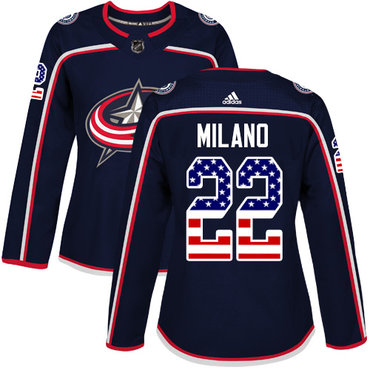 Adidas Columbus Blue Jackets #22 Sonny Milano Navy Blue Home Authentic USA Flag Women's Stitched NHL Jersey