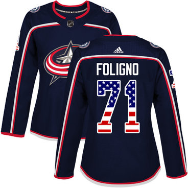 Adidas Columbus Blue Jackets #71 Nick Foligno Navy Blue Home Authentic USA Flag Women's Stitched NHL Jersey