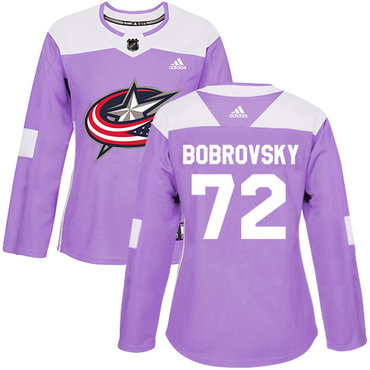 Adidas Columbus Blue Jackets #72 Sergei Bobrovsky Purple Authentic Fights Cancer Women's Stitched NHL Jersey