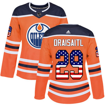 Adidas Edmonton Oilers #29 Leon Draisaitl Orange Home Authentic USA Flag Women's Stitched NHL Jersey