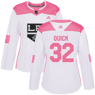 Adidas Los Angeles Kings #32 Jonathan Quick White Pink Authentic Fashion Women's Stitched NHL Jersey