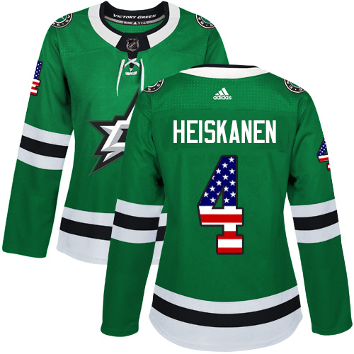 Adidas Dallas Stars #4 Miro Heiskanen Green Home Authentic USA Flag Women's Stitched NHL Jersey