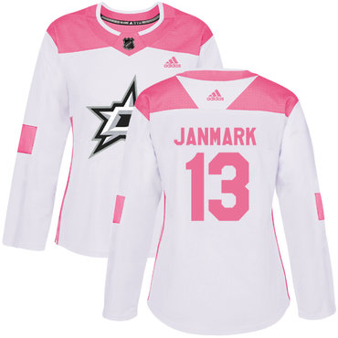 Adidas Dallas Stars #13 Mattias Janmark White Pink Authentic Fashion Women's Stitched NHL Jersey
