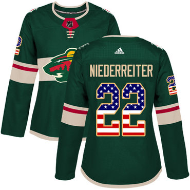 Adidas Minnesota Wild #22 Nino Niederreiter Green Home Authentic USA Flag Women's Stitched NHL Jersey