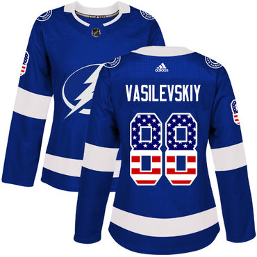 Adidas Tampa Bay Lightning #88 Andrei Vasilevskiy Blue Home Authentic USA Flag Women's Stitched NHL Jersey