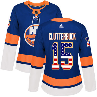 Adidas New York Islanders #15 Cal Clutterbuck Royal Blue Home Authentic USA Flag Women's Stitched NHL Jersey