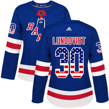 Adidas New York Rangers #30 Henrik Lundqvist Royal Blue Home Authentic USA Flag Women's Stitched NHL Jersey