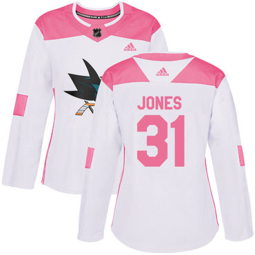 Adidas San Jose Sharks #31 Martin Jones White Pink Authentic Fashion Women's Stitched NHL Jersey