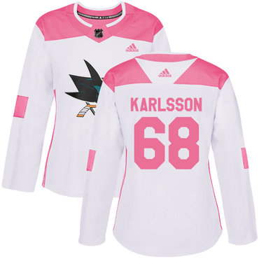 Adidas San Jose Sharks #68 Melker Karlsson White Pink Authentic Fashion Women's Stitched NHL Jersey