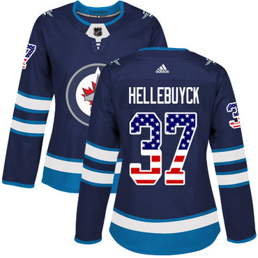 Adidas Winnipeg Jets #37 Connor Hellebuyck Navy Blue Home Authentic USA Flag Women's Stitched NHL Jersey