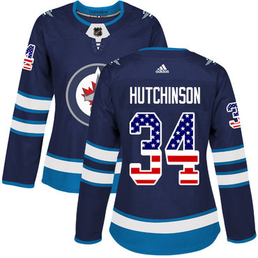 Adidas Winnipeg Jets #34 Michael Hutchinson Navy Blue Home Authentic USA Flag Women's Stitched NHL Jersey