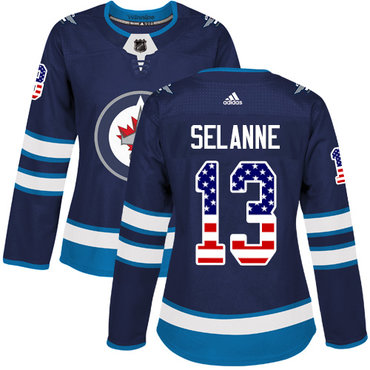 Adidas Winnipeg Jets #13 Teemu Selanne Navy Blue Home Authentic USA Flag Women's Stitched NHL Jersey