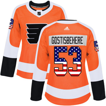 Adidas Philadelphia Flyers #53 Shayne Gostisbehere Orange Home Authentic USA Flag Women's Stitched NHL Jersey