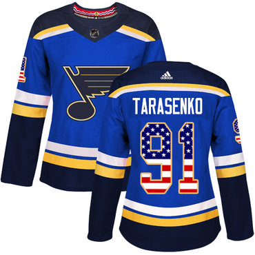 Adidas St.Louis Blues #91 Vladimir Tarasenko Blue Home Authentic USA Flag Women's Stitched NHL Jersey