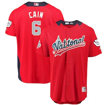 Men's National League #6 Lorenzo Cain Majestic Red 2018 MLB All-Star Game Home Run Derby Player Jersey