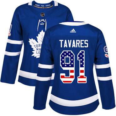 Adidas Maple Leafs #91 John Tavares Blue Home Authentic USA Flag Women's Stitched NHL Jersey