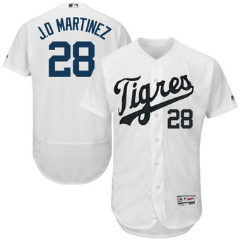 Men's Detroit Tigers 28 JD Martinez Majestic White Hispanic Heritage Flex Base Player Jersey