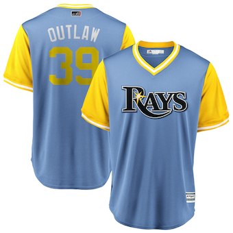 Men's Tampa Bay Rays 39 Kevin Kiermaier Outlaw Majestic Light Blue 2018 Players' Weekend Cool Base Jersey