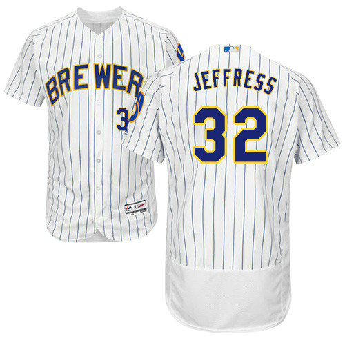 Milwaukee Brewers 32 Jeremy Jeffress White Strip Flexbase Authentic Collection Stitched Baseball Jersey