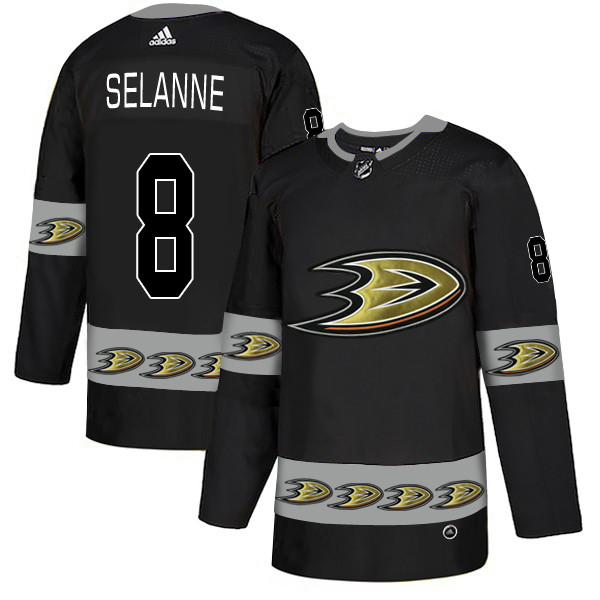 Men's Anaheim Ducks #8 Teemu Selanne Black Team Logos Fashion Adidas Jersey