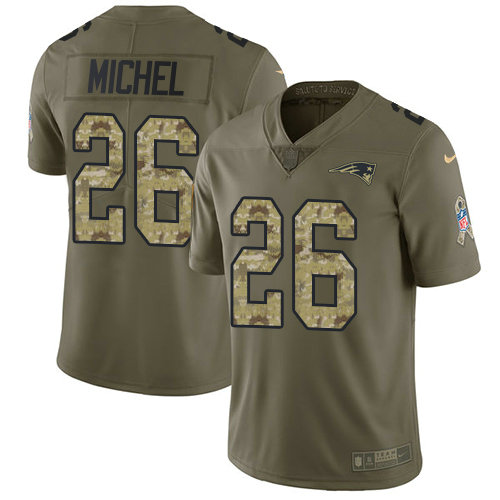 Youth Nike Patriots 26 Sony Michel Olive Camo Stitched NFL Limited 2017 Salute To Service Jersey