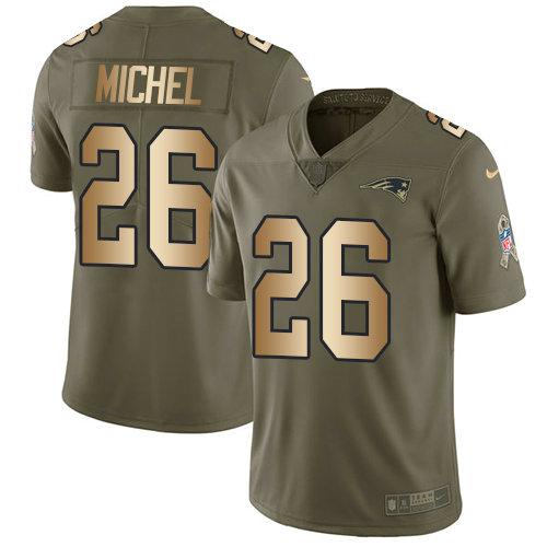 Youth Nike Patriots 26 Sony Michel Olive Gold Stitched NFL Limited 2017 Salute To Service Jersey