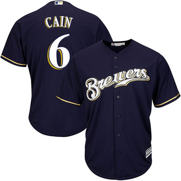 Men's Milwaukee Brewers #6 Lorenzo Cain Navy blue Cool Base Stitched MLB Jersey