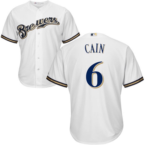 Men's Milwaukee Brewers #6 Lorenzo Cain White Cool Base Stitched MLB Jersey